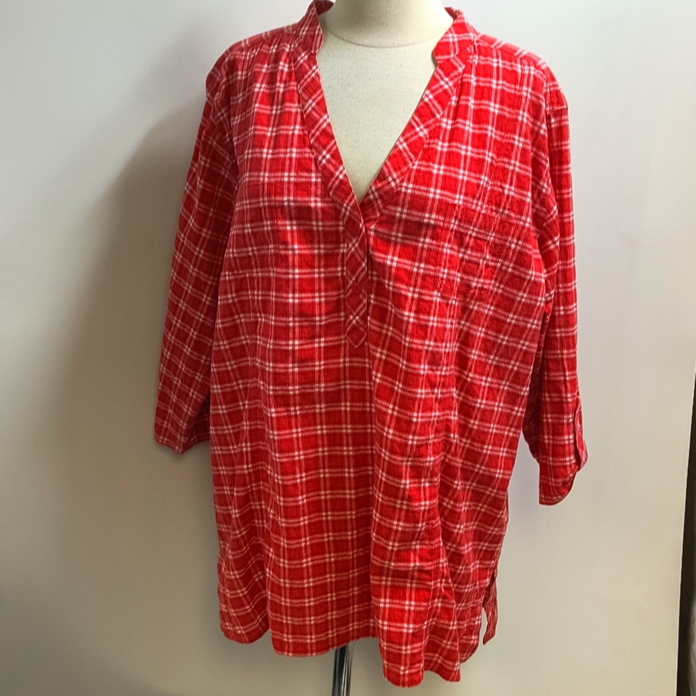 Columbia Sportswear red plaid cotton pullover with front placate-sz 2X